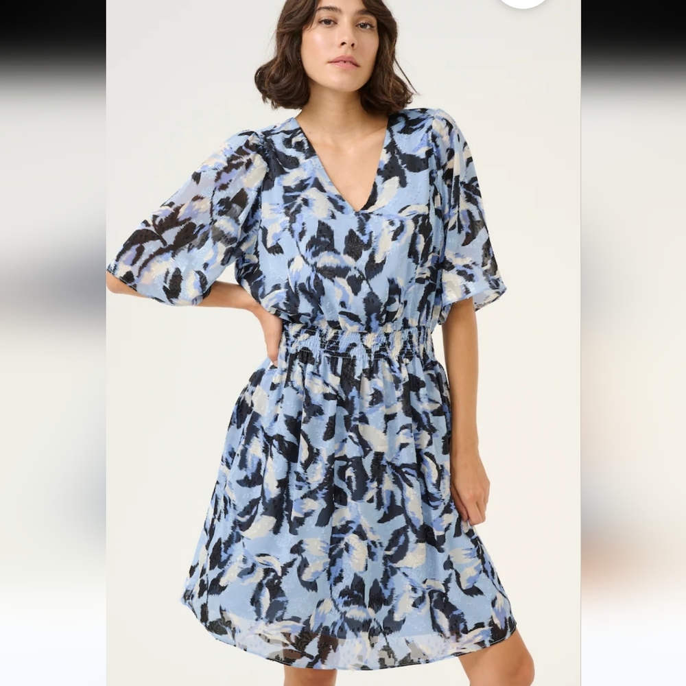 Kaffe Light Blue Floral Print Midi Dress with V-Neck